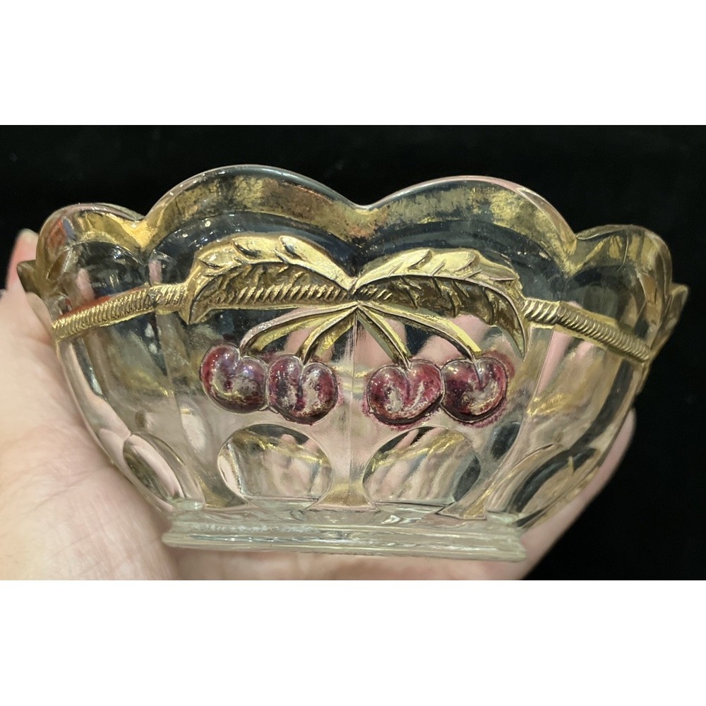 Vintage Mosser Northwood Glass Cherry & Cable Thumbprint 24K Gold Candy Dish